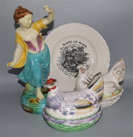 A Majolica figure, 2 hen tureens & Prattware plate